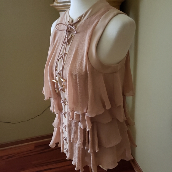 BALMAIN PARIS TIERED SILK LACE-UP TOP - Picture 4 of 15